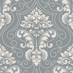 Elegant Silver Damask Pattern with White Floral Accents