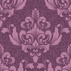 Vivid Purple Damask Pattern with Elegant Swirls and Dots