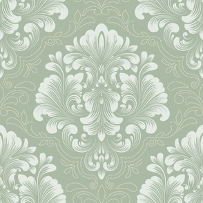 Soft Sage Green Damask Pattern with White Filigree Accents