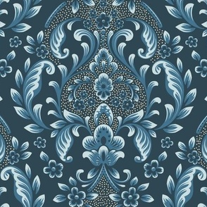 Regal Navy Blue Damask Pattern with Light Blue Florals
