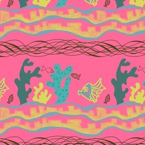 Tropical fish and coral on neon beach-hot pink