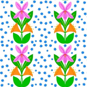 Lily Stars Mini Retro Scandi Modern Flowers Electric Blue Sapphire Cheerful Hot Pink And Orange Garden Blooms Vertical Wallpaper Grandmillennial Pattern On White