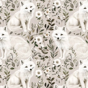 White Artic Foxes on Platinum Silver Gray Background White Roses Flower Floral Monochromatic Neutral  Medium Design