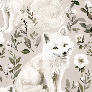 White Artic Foxes on Platinum Silver Gray Background White Roses Flower Floral Monochromatic Neutral  Large Wallpaper Design