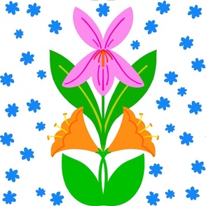 Lily Stars Retro Scandi Modern Flowers Electric Blue Sapphire Cheerful Hot Pink And Orange Garden Blooms Vertical Wallpaper Grandmillennial Pattern On White