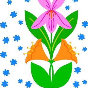 Lily Stars Big Retro Scandi Modern Flowers Electric Blue Sapphire Cheerful Hot Pink And Orange Garden Blooms Vertical Wallpaper Grandmillennial Pattern On White 