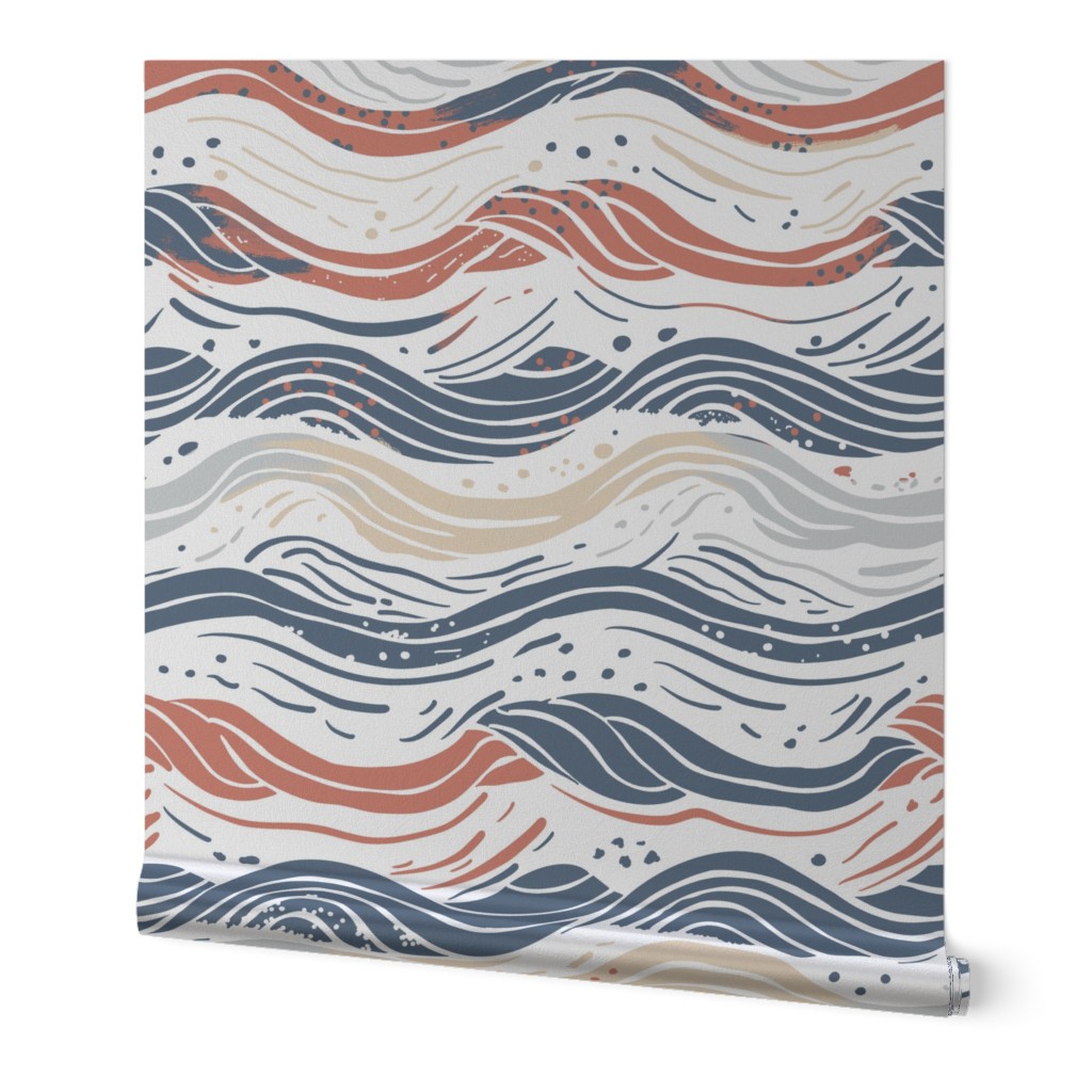 Abstract waves in a broken navy blue, red and off-whites - large scale