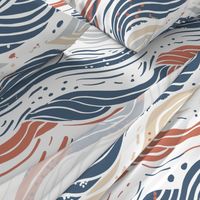 Abstract waves in a broken navy blue, red and off-whites - large scale