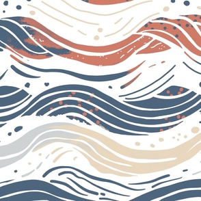 Abstract waves in a broken navy blue, red and off-whites - large scale