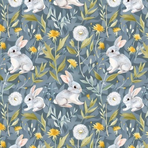 Little Gray Bunny Rabbits in a Field of Yellow Dandelions Flowers Floral Blue Cottontail Hare Thumper