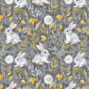 Little Gray Bunny Rabbits in a Field of Yellow Dandelions Flowers Floral Gray Cottontail Hare Thumper