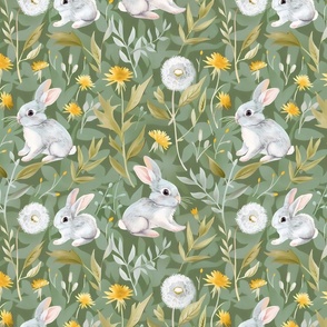 Little Gray Bunny Rabbits in a Field of Yellow Dandelions Flowers Floral Green Cottontail Hare Thumper