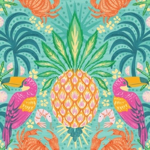 Painted Tropical Creatures and Pineapples (Bright)