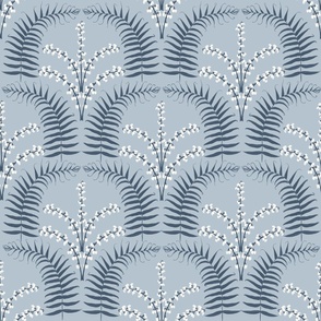 Art Nouveau Scallops / Ferns with Wintergreen Flowers / Indigo blue,  gray