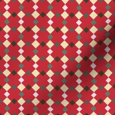 C006 - Small scale red, yellow, pink and grey modern graphic geometric cross and tessellated squares, for unisex children's apparel, wallpaper, duvet covers, pillows and curtains