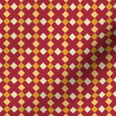 C006 - Small scale red, yellow and mustard modern graphic geometric cross and tessellated squares, for unisex children's apparel, wallpaper, duvet covers, pillows and curtains