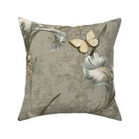 Iris botanical with Butterflies and damask filigree. Soft Green, White and Cream. 