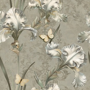 Iris botanical with Butterflies and damask filigree. Soft Green, White and Cream. 