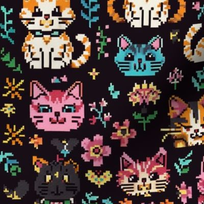 Pixel Purrfection: Vibrant Cats & Floral Motifs