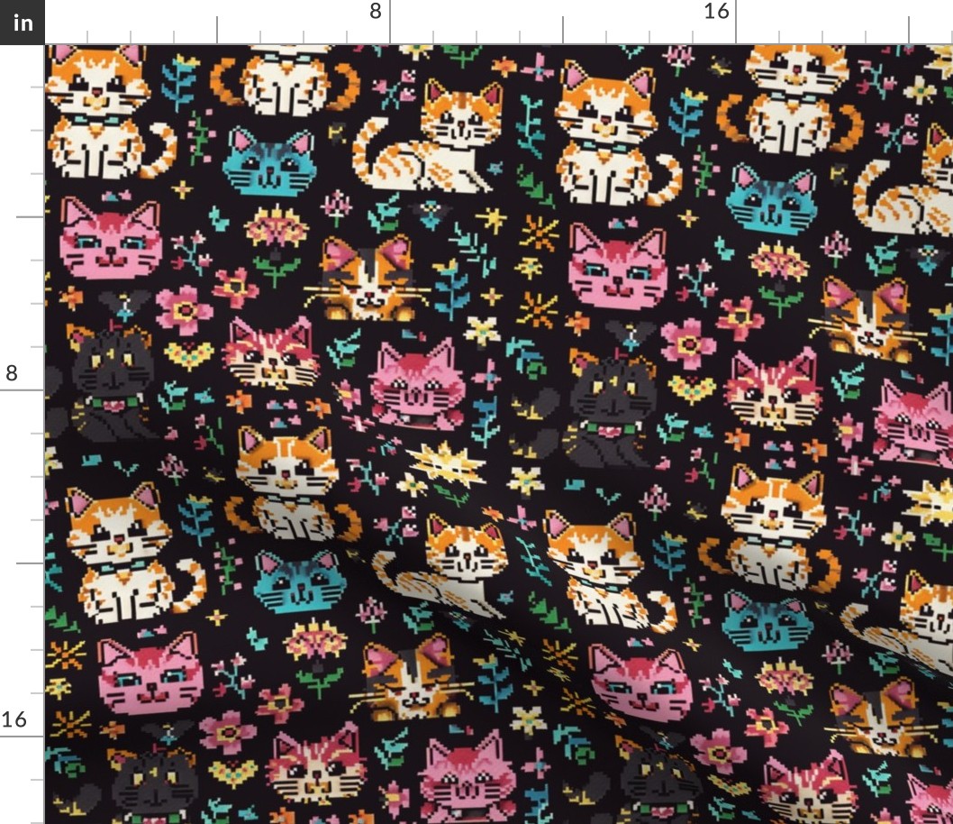 Pixel Purrfection: Vibrant Cats & Floral Motifs