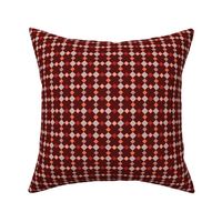 C006 - Small scale burgundy, red and peach coral  modern graphic geometric cross and tessellated squares, for unisex children's apparel, wallpaper, duvet covers, pillows and curtains