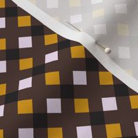 C006 - Small scale  dark brown and mustard pumpkin modern graphic geometric cross and tessellated squares, for unisex children's apparel, wallpaper, duvet covers, pillows and curtains