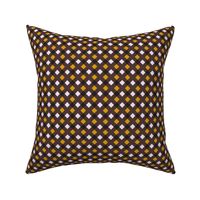 C006 - Small scale  dark brown and mustard pumpkin modern graphic geometric cross and tessellated squares, for unisex children's apparel, wallpaper, duvet covers, pillows and curtains