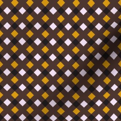 C006 - Small scale  dark brown and mustard pumpkin modern graphic geometric cross and tessellated squares, for unisex children's apparel, wallpaper, duvet covers, pillows and curtains