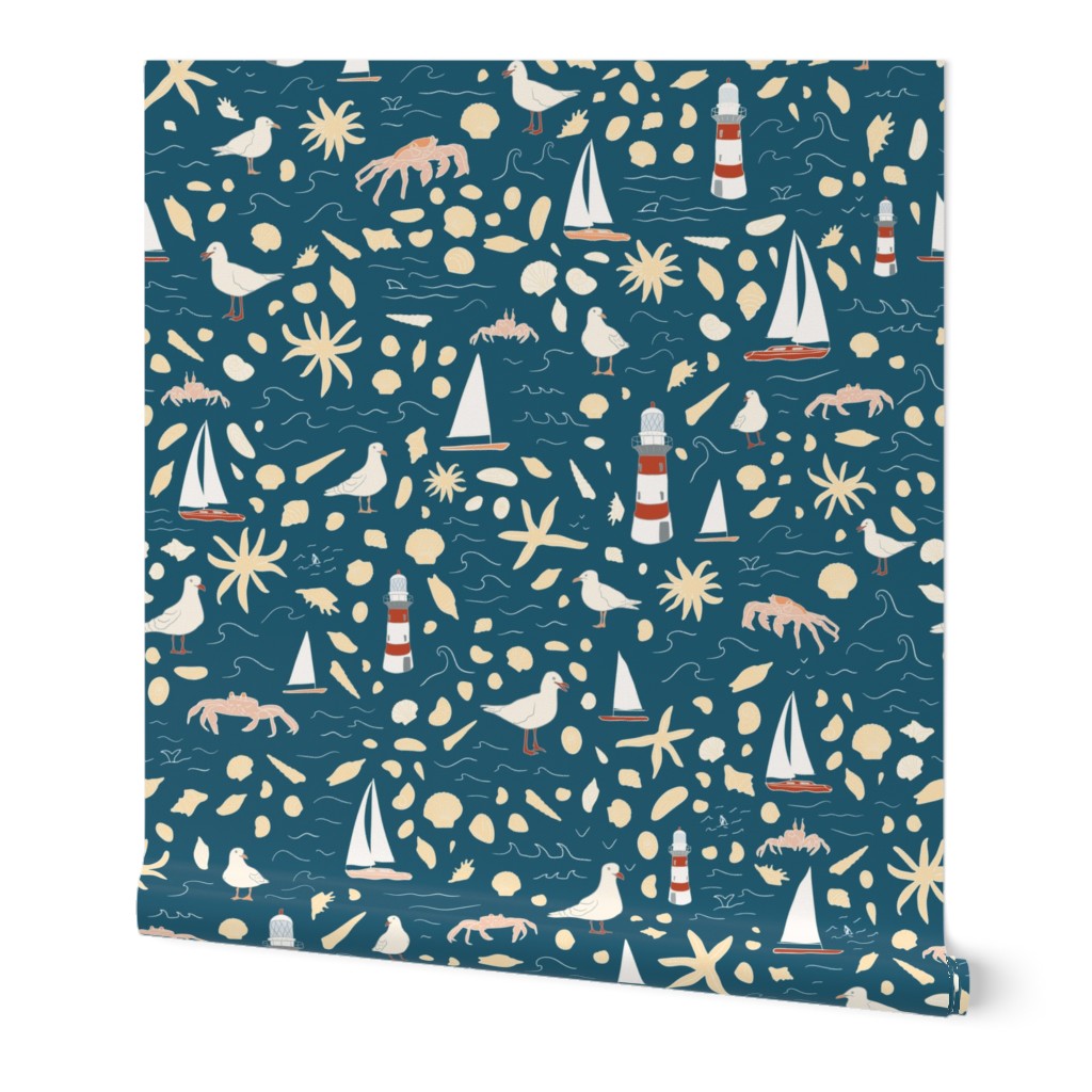 Seaside coastal beach print_ lighthouse_ sailboats shells and seagulls on navy blue