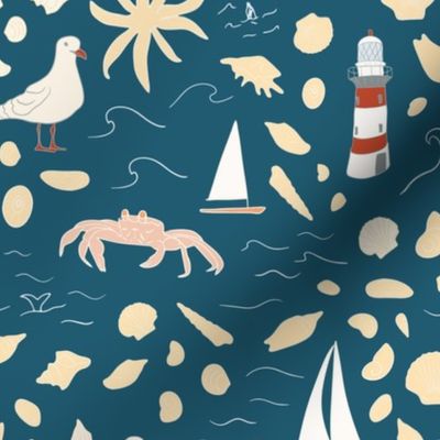 Seaside coastal beach print_ lighthouse_ sailboats shells and seagulls on navy blue