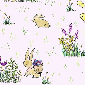 Woodland Rabbits, Bunnies, Baby Chicks and Easter Eggs in Pink- ©Lucinda Wei