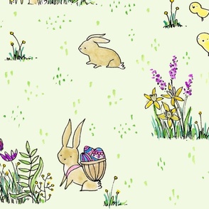 Woodland Rabbits, Bunnies, Baby Chicks and Easter Eggs in Green - ©Lucinda Wei