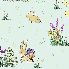 Woodland Rabbits, Bunnies, Baby Chicks and Easter Eggs in Blue - ©Lucinda Wei