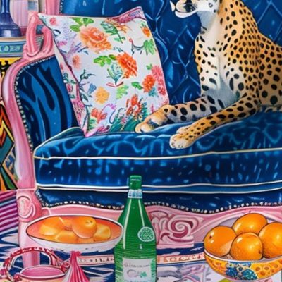 Cheetahs on blue velvet sofa in chinoiserie interior