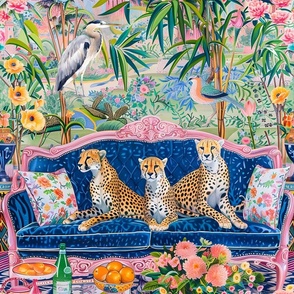 Cheetahs on blue velvet sofa in chinoiserie interior