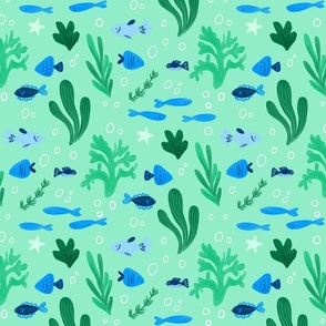 Fish and Coral in Blue and Green - Small Print