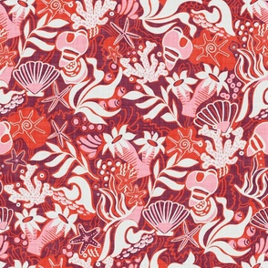 XL: Beach Rockpool: Starfish, coral beachy Textured Design Pink Maroon and red