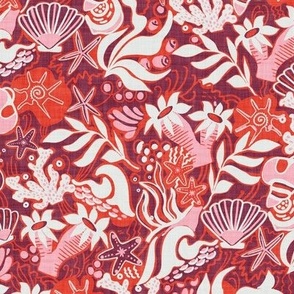 LARGE: Beach Rockpool: Starfish, coral beachy Textured Design Pink Maroon and red
