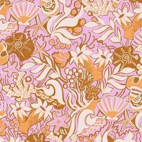 L|Beach Rockpool: Starfish, coral beachy Textured Design orange dark brown on happy pink