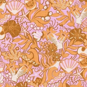 L|Beach Rockpool: Starfish, coral beachy Textured Design orange, dark brown pink