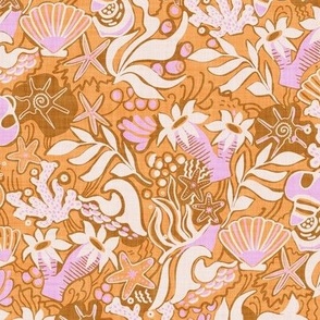 L|Beach Rockpool: Starfish, coral beachy Textured Design orange pink and brown