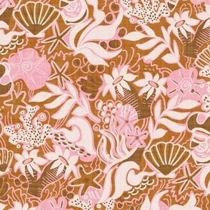 L|Beach Rockpool: Starfish, coral beachy Textured Design Bubblegum pink, light and dark brown