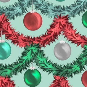 Tinsel Garland and Shiny Ornaments - mint background