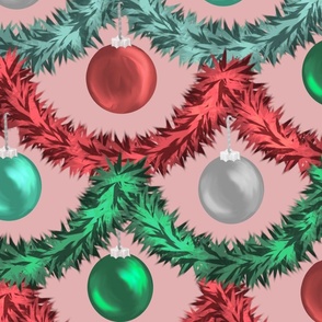 Tinsel Garland and Shiny Ornaments - Pink background
