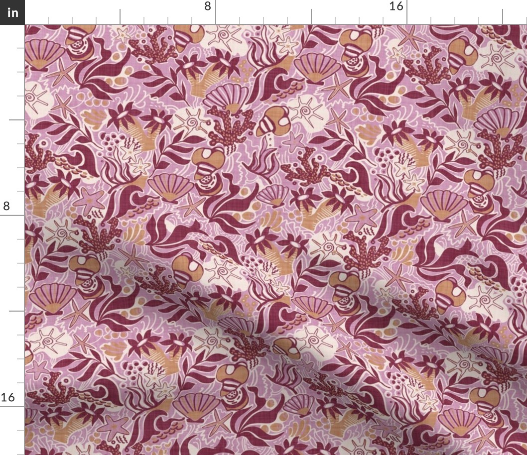 LARGE: Beach Rockpool: Starfish, coral beachy Textured Design Cream Maroon and light brown