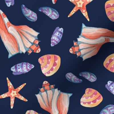 Vibrant Seashell Watercolor on Navy Background