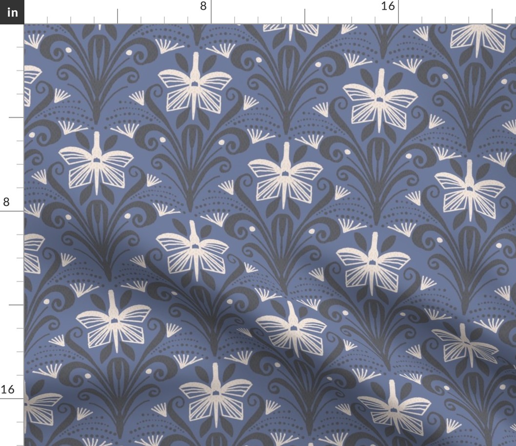 LARGE: Abstract minimal white Textured Flowers and Dotted Accents on dark blue-gray
