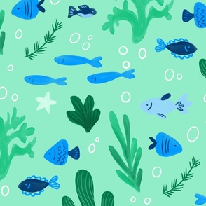 Fish and Coral in Blue and Green - large print