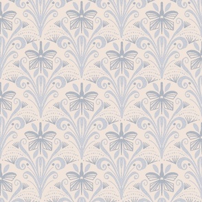 LARGE: Abstract minimal Blue-grey Textured Flowers and light blue Dotted Accents on off white