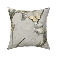 Botanical Irises, Butterflies and Ladybird in Oyster White, Cream and Green Pastels